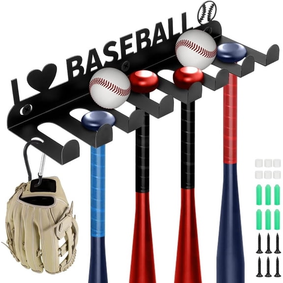Wall Mount Baseball Bat Holder Iron Baseball Softball Bats Organizer Bat Rack Mount on Wall for Display and Storage Home Garages Stadiums- Word I Love Baseball Black