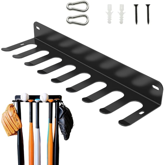 Wall Mount Baseball Bat Rack, Baseball Bat Holder Rack, Holds 16 Player Bats, Heavy Duty Hooks for Hangs Bats,Hats,Balls,Gloves,Bags