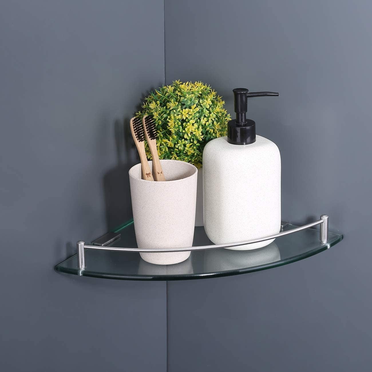 Silver Wall Mount Corner Glass Shower Shelf with Stainless Steel Brackets