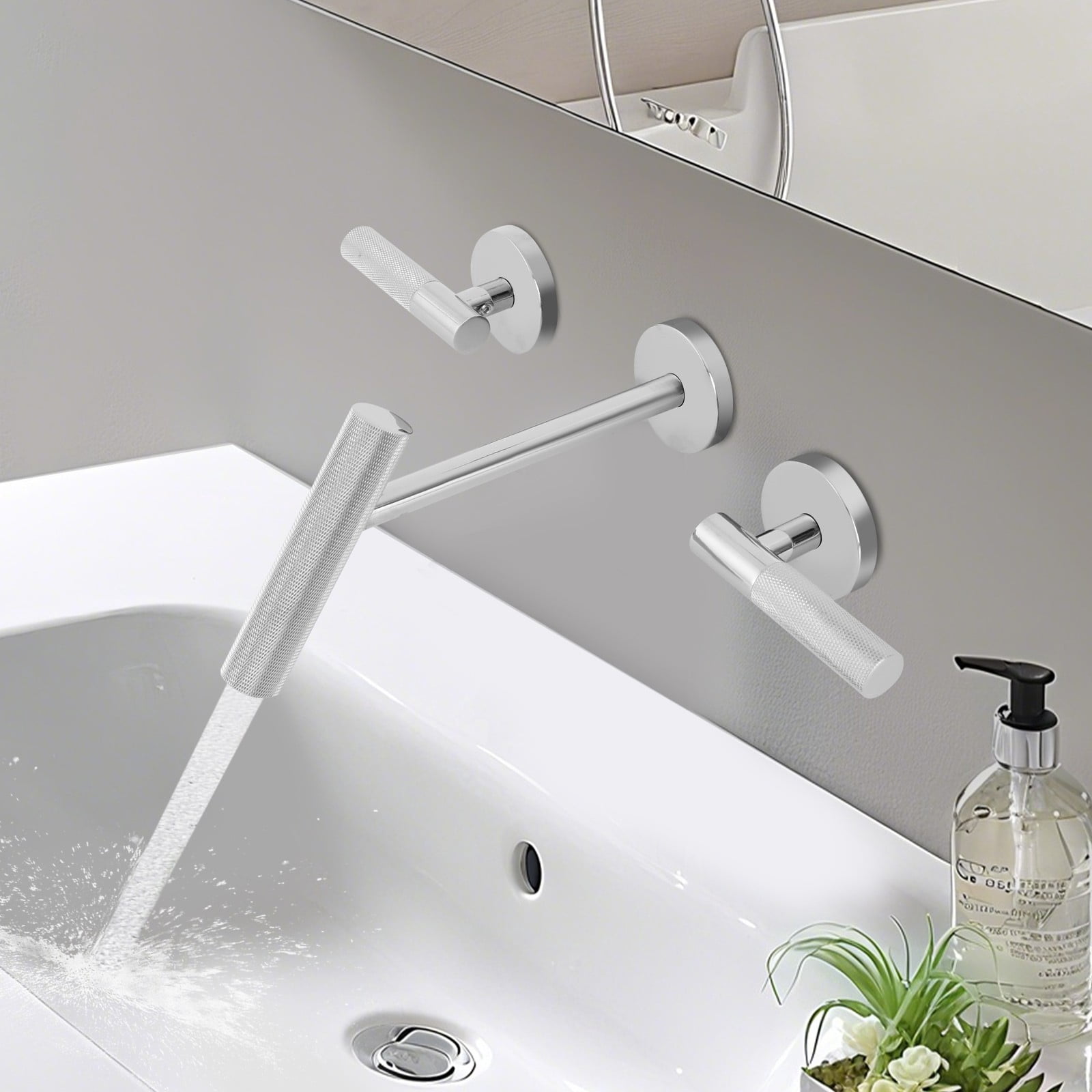 Wall Mount Bathroom Faucet Chrome 3-Hole 2-Handle Brass Water-Saving Sink Faucet