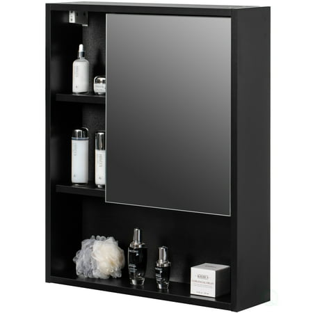 Wall Mount Bathroom Mirrored Storage Cabinet with Open Shelf 2 Adjustable Shelves Medicine Organizer Storage Furniture
