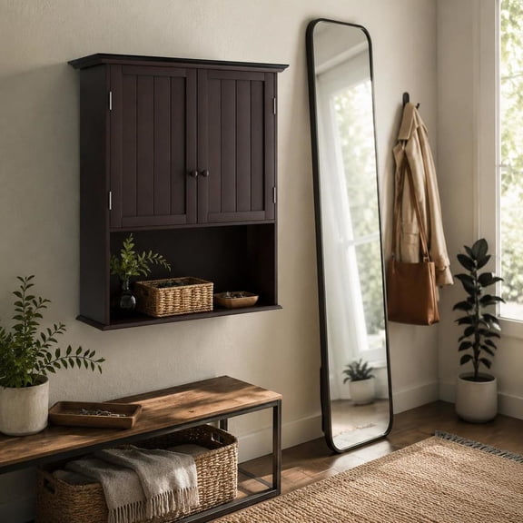 Wall Mount Bathroom Storage Cabinet with Open Shelf, 2 Doors, Adjustable Shelves, Mdf, Espresso