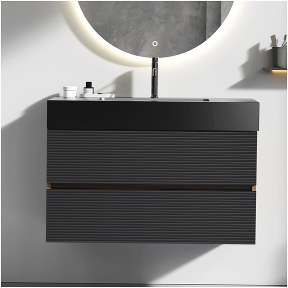 Wall Mount Bathroom Vanity with Double Drawers, Black Engineered Quartz Sink, Walnut Finish Storage Cabinet for Small Bathroom
