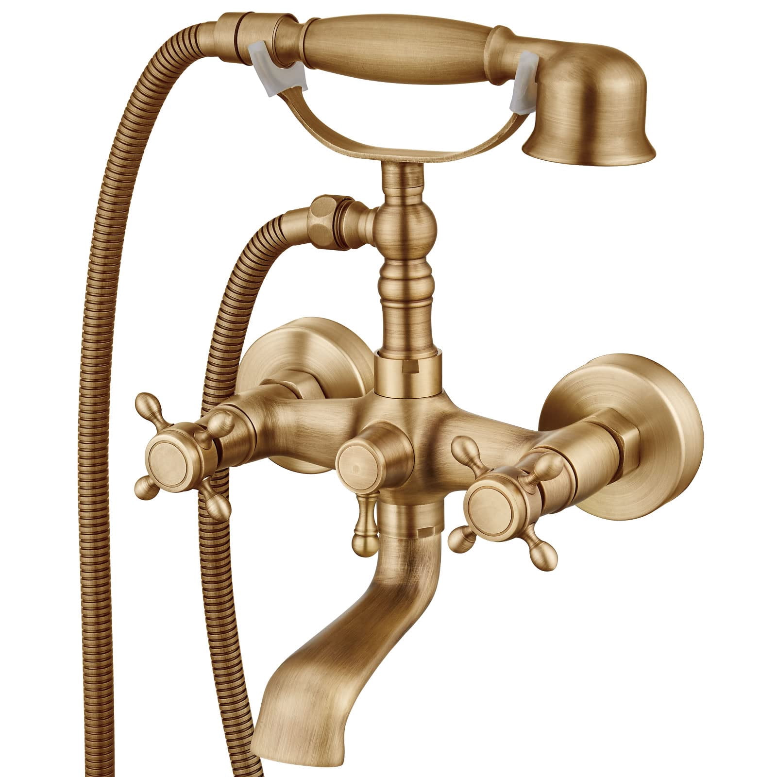 Wall Mount Bathtub Faucet Antique Brass Cross Handle with Handheld Sprayer
