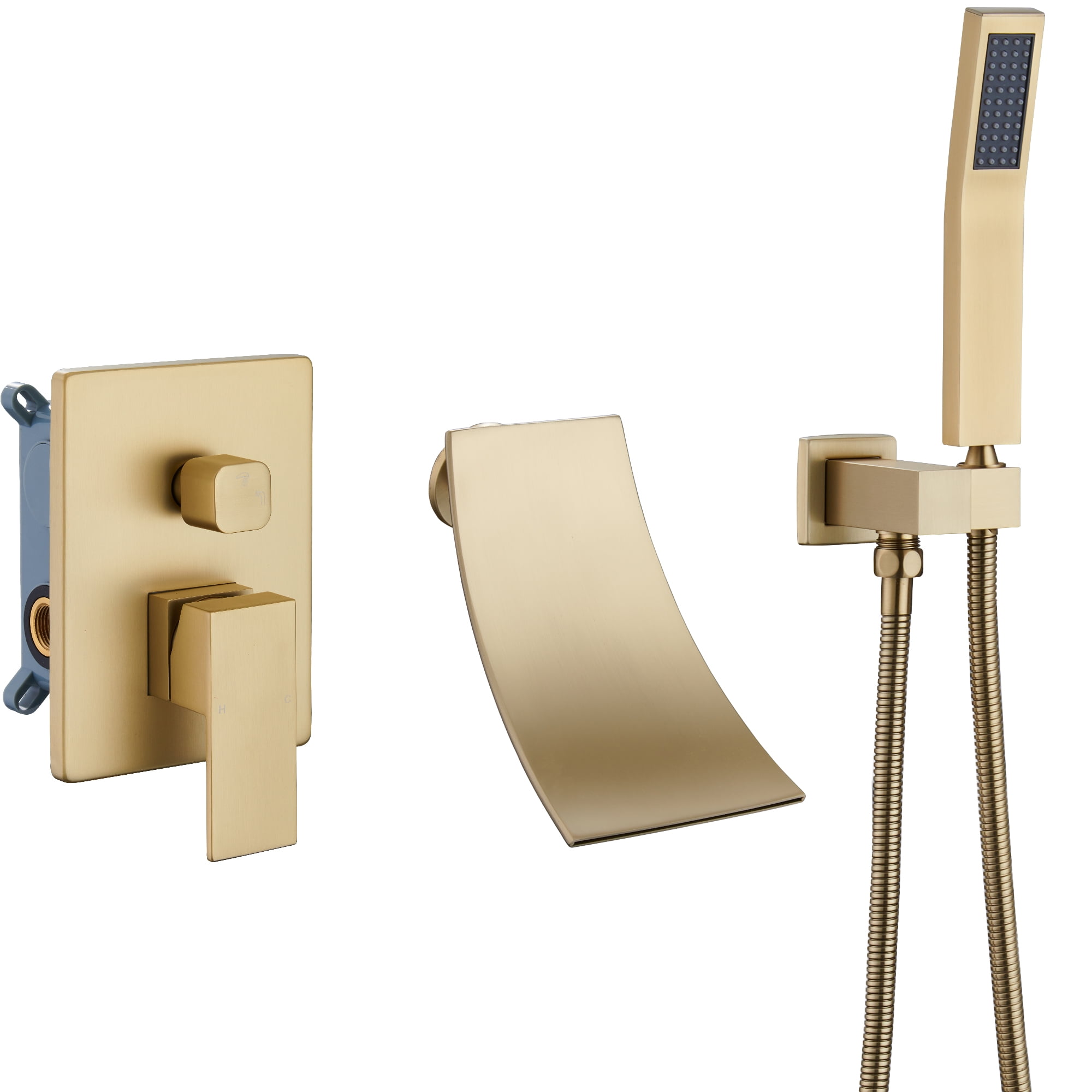 Wall Mount Bathtub Faucet with Handheld Shower, Brushed Gold Brass Tub Shower Faucet Set Single