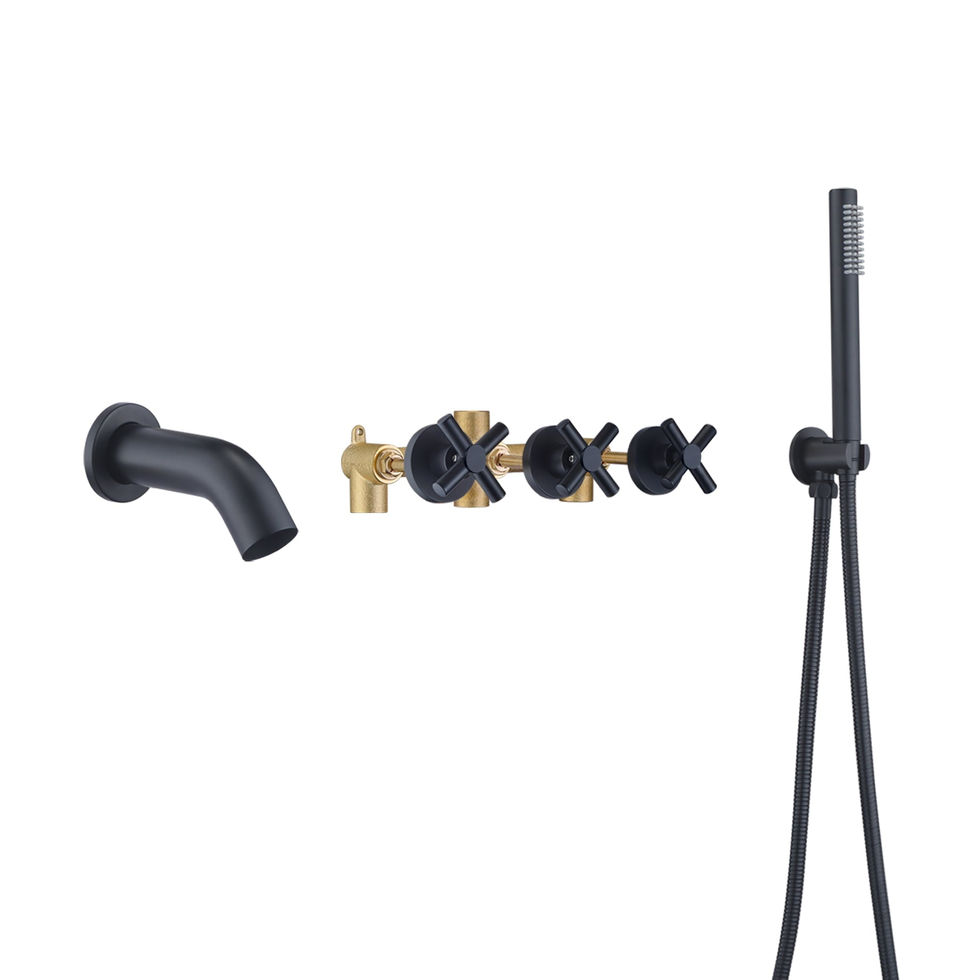 Wall Mount Bathtub Faucet with Hand Shower, 3 Handle Tub Shower Faucet Matte Black