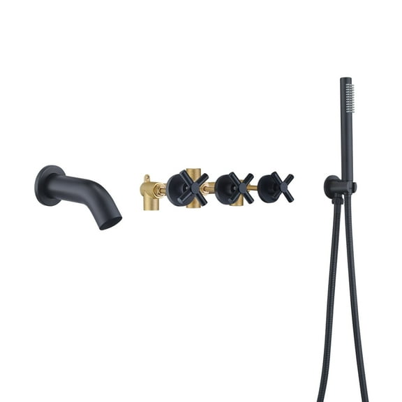 Wall Mount Bathtub Faucet with Hand Shower, 3 Handle Tub Shower Faucet Matte Black