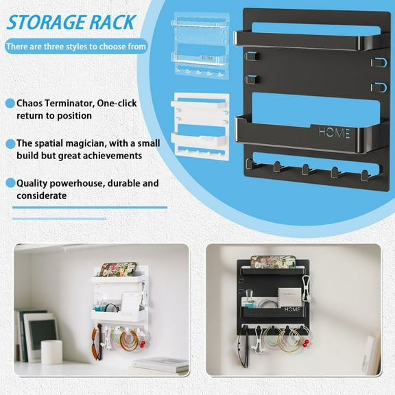 Wall Mount Bedside Organizer Shelf with Hooks & Cable Clips, Adhesive Remote Control Holder & Phone Wall Shelf for Bedroom, Dorm & RV (Black)