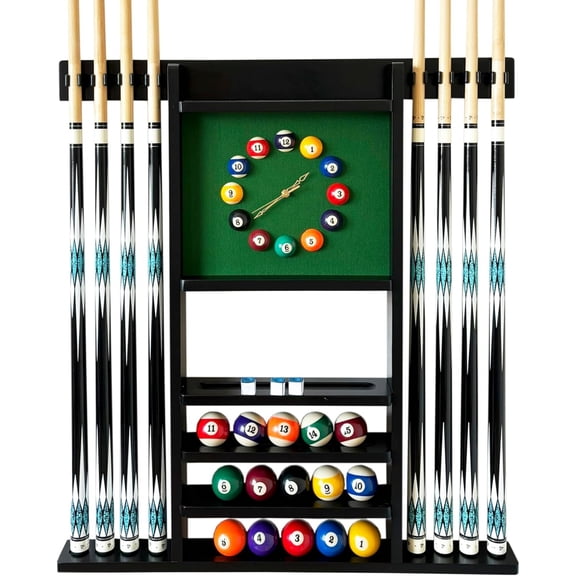 Wall Mount Billiard Cue Rack Deluxe Pool Cue Holder for 8 Cues Billiard Game Room Decorative Storage Organizer Display Rack Black Finish