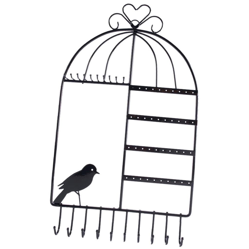 Wall Mount Birdcage Jewelry Organizer Earrings Necklace Holder Hanger Black