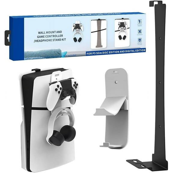 Wall Mount Bracket for PS5 Slim Disc/Digital Edition, Sturdy Steel Vertical Stand Kit with Controller Headphone Storage Hook Hanger for PS5 Slim Gaming Console (Black)