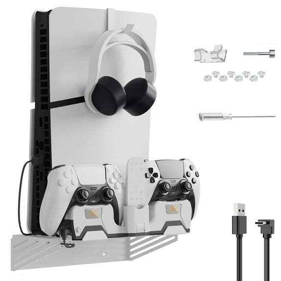Wall Mount Bracket with Charging Station Compatible with PS5 & PS5 Slim, Fast Charging Controller Wall Charger for DualSense & Edge Gamepad-White