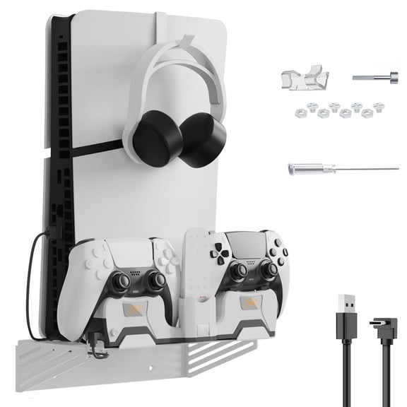 Wall Mount Bracket with Charging Station Compatible with PS5 & PS5 Slim, Fast Charging Controller Wall Charger for DualSense & Edge Gamepad-White