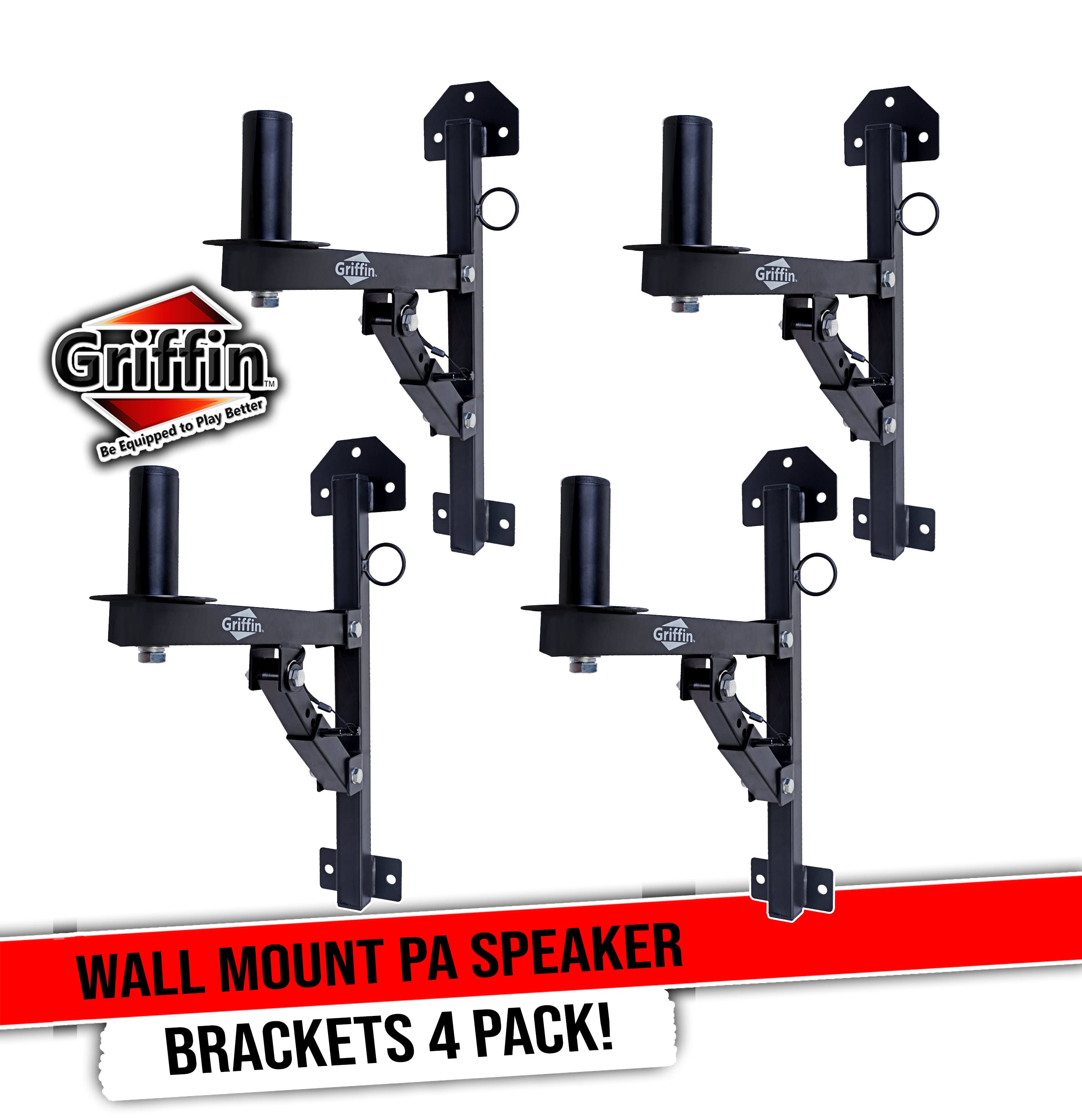 Wall Mount Brackets for PA Speakers (4 PACK) by GRIFFIN | Securing Locking Pin & 3-Level Tilt Adjustments | All-Steel DJ Studio Monitor Stands with 35mm Pole Holder for Pro-Audio