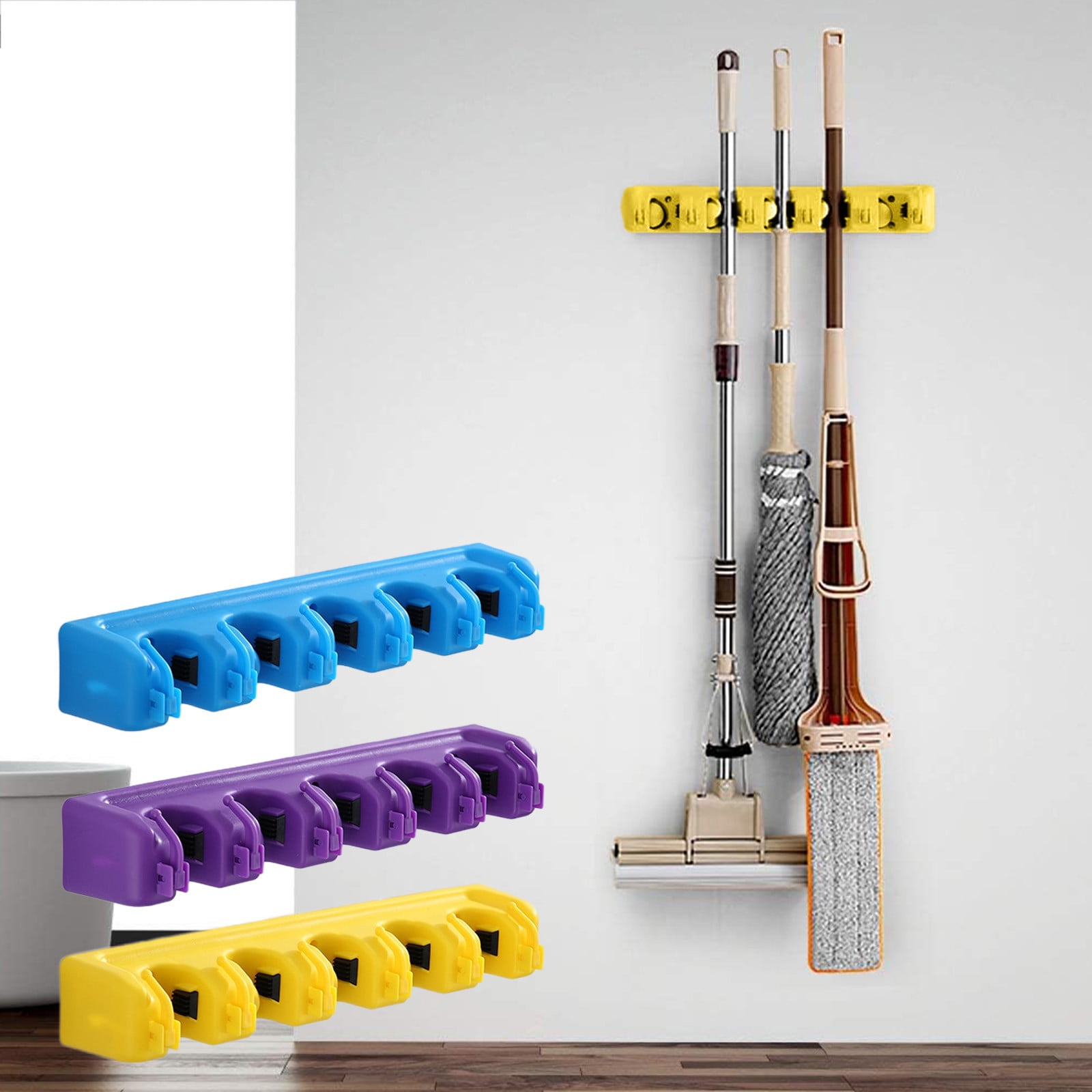Wall Mount Broom Holder Organizer with 5 Spring-Loaded Slots and 6 ...