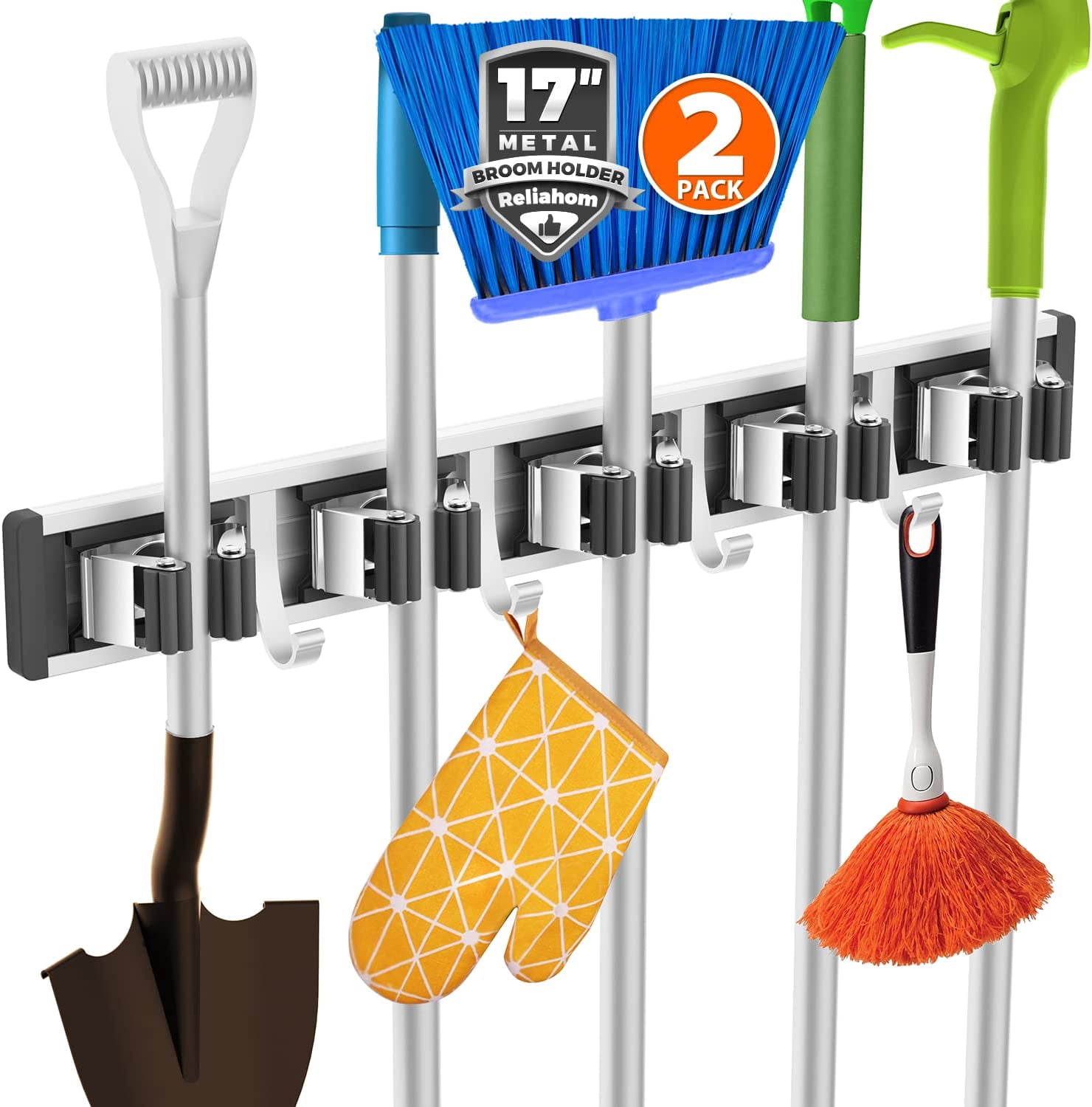 Wall Mount Broom Holder with 5 Racks and 4 Hooks, Black Kitchen Garage ...