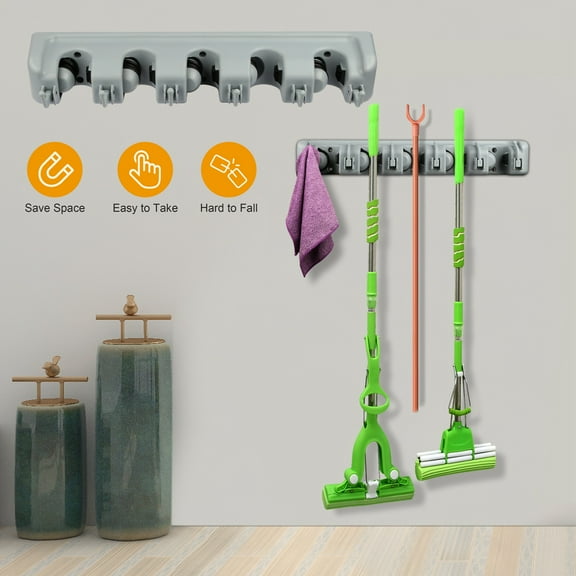 Wall Mount Broom Mop Organizer Mop Hanger Storage Rack with 5 Slots 6 Hooks Grey