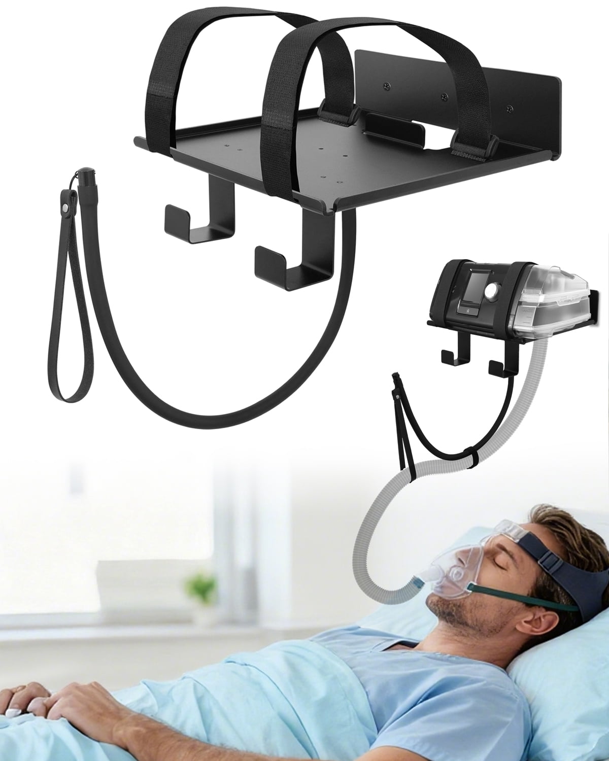 Wall Mount for CPAP Machine Compatible with ResMed AirSense 10 Lightweight Aluminum Design with Anti Slip Straps and Hose Management Hook Bedside Organizer