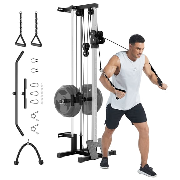 Wall Mount Cable Machine with Dual Pulley System, 19 Adjustable Positions LAT Pulldown & Cable Crossover Gym Equipment, Includes T-Bar Attachments and Space-Saving Design for Home Workouts