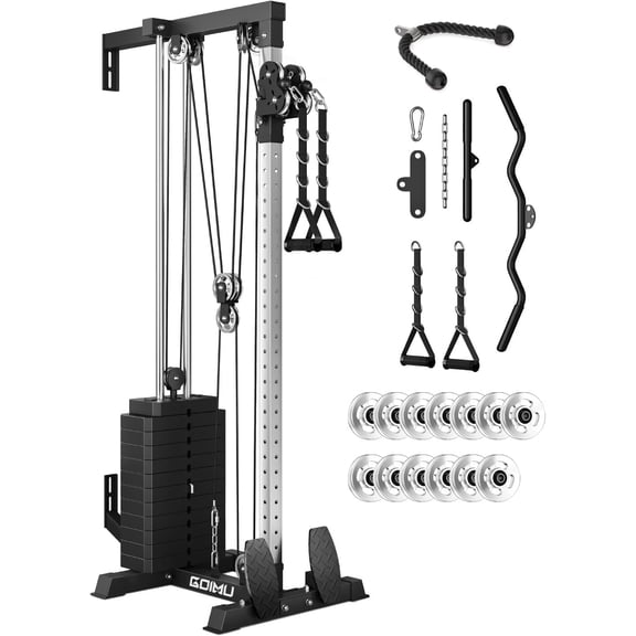 Wall Mount Cable Station with Aluminum Pulley, Cable Crossover Machine with Weight Stack and 33 Adjustable Positions, High & Low Dual Pulley System for Home Gym