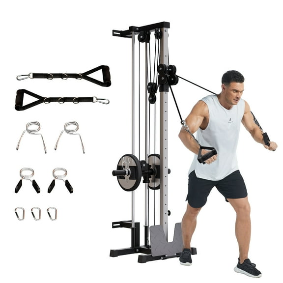 Wall Mount Cable Station – Dual Pulley Cable Crossover Machine with 18 Adjustable Positions, Tricep Rope, T-Bar, LAT Pulldown Bar & Foot Board for Home Gym Strength Training