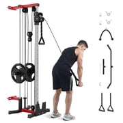 Wall Mount Cable Station, Dual Pulley Cable Crossover Machine, Tricep Rope, T-Bar, LAT Pulldown Bar & Foot Board for Home Gym Strength Training