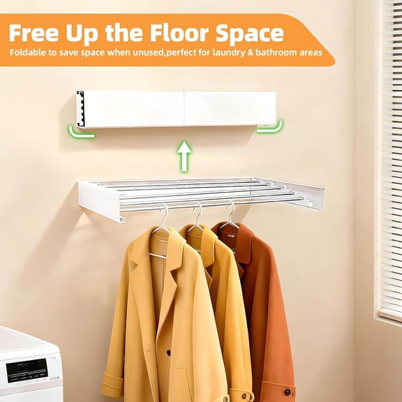 Wall Mount Clothes Drying Rack 23", 50lbs Capacity, Foldable White | Hidden Space Saver for Laundry with Wall Template, 5 Stainless Steel Rods, Outdoor and Indoor