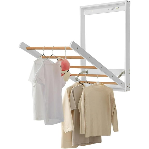Wall Mount Clothes Drying Rack for Laundry, Foldable Wall Mount Laundry Rack with 5 Rods Foldable Wooden Clothing Dryer Racks for Bathroom, Bedroom, Balcony