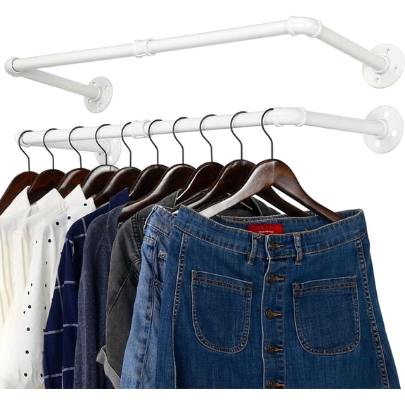 Wall Mount Clothing Rack 32 Inch Industrial Pipe Heavy Duty Garment Rod White 2 Packs