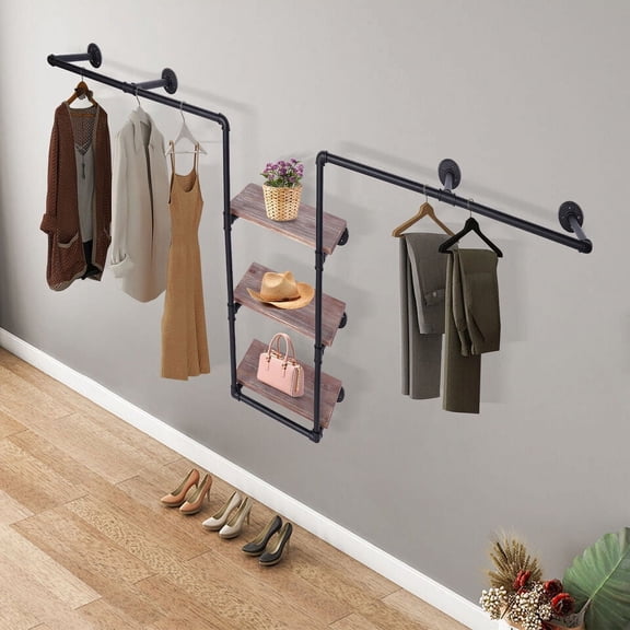 Wall Mount Clothing Rack w/ 3 Tiers Wood Shelf,Industrial Pipe Free Standing