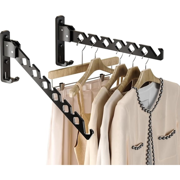 Wall Mount Coat Hanger Holder Set - Retractable Folding Drying Rack for Laundry Room & Bedroom, Black Space-Saving Organizer, 2-Pack
