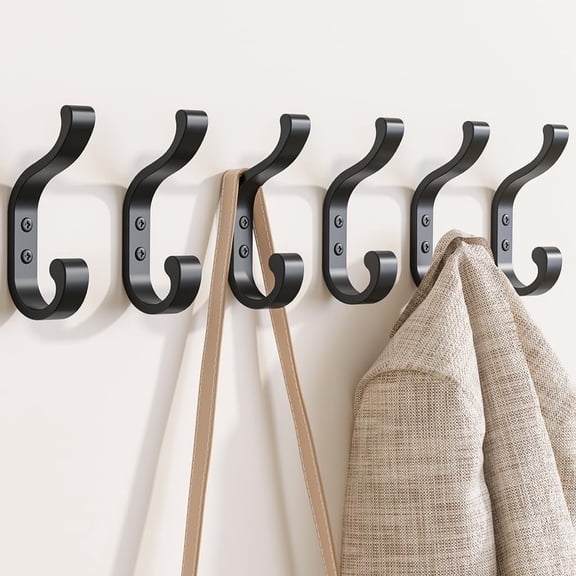 Wall-Mount Coat Hooks, Heavy Duty 30LB Hooks for Hanging Coats, Bags, Backpacks, Keys, Hats  Black Metal Hooks for Wall,Door (6 Pack)