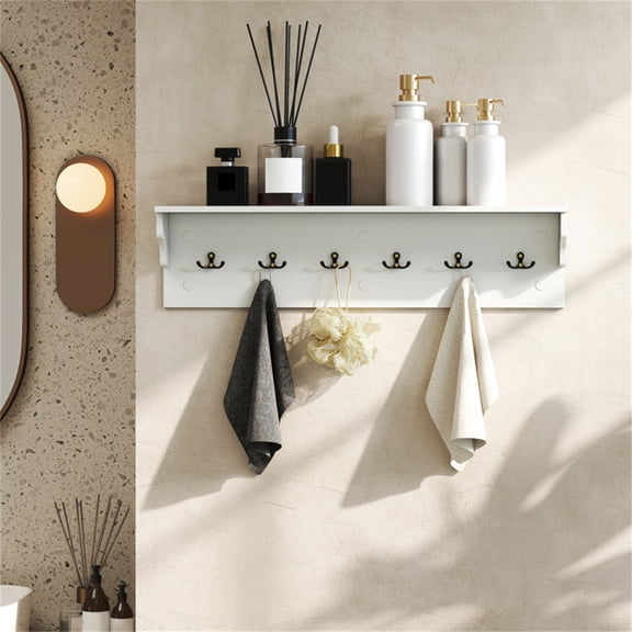 Wall Mount Coat Rack with Shelf 6 Hooks Entryway Organizer Floating Shelf for Keys Hats Bags 110 lb Capacity White Wooden Shelf Mudroom Bathroom Bedroom Storage Space Saving 31.5 Inch