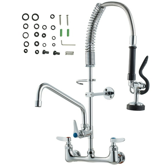 Wall Mount Commercial Faucet with Pre-Rinse Sprayer - 25" Tall, 8" Centerset, 12" Swing Spout, Brass Construction, Pull Down Spray Kitchen Sink Faucet for 1/2/3 Bay Sinks
