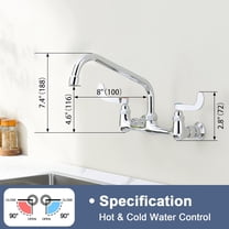 Wall Mount Commercial Sink Faucet Long Handles Wall Mounted Kitchen Faucet 8 Inch Center Swivel Spout for Utility Laundry Room Restaurant Sink, 8" Spout