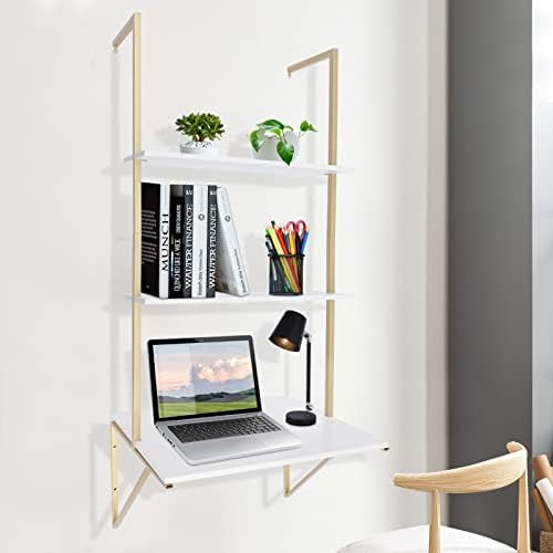 Wall Mount Computer Table,Ladder Desk Wall Mounted Shelf Floating Shelves,3 Tier Standing Desks for Small Space Home Office Table Bedroom Writing Study Work,White, Gold$$Home Decor, Kitchen, & Other