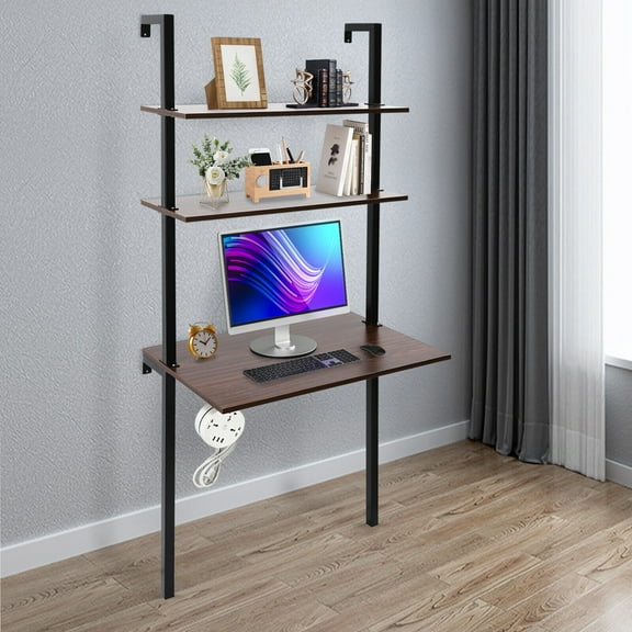 Wall Mount Computer Writing Table, Wall Organizer 3 Tiers Wall Mounted Desk, Iron And Eco-board Place Books, Laptop (not included)