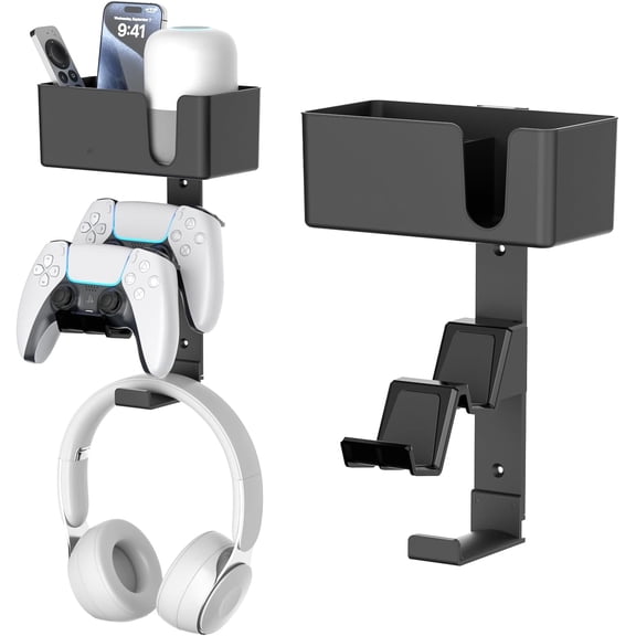 Wall Mount Controller Holder - Dual Game Controller and Headphone Hanger with Anti-Slip Pads for Xbox ONE/X Series/PS5/PS4 - Detachable Desk Storage for Media Remote, Phone and Speaker