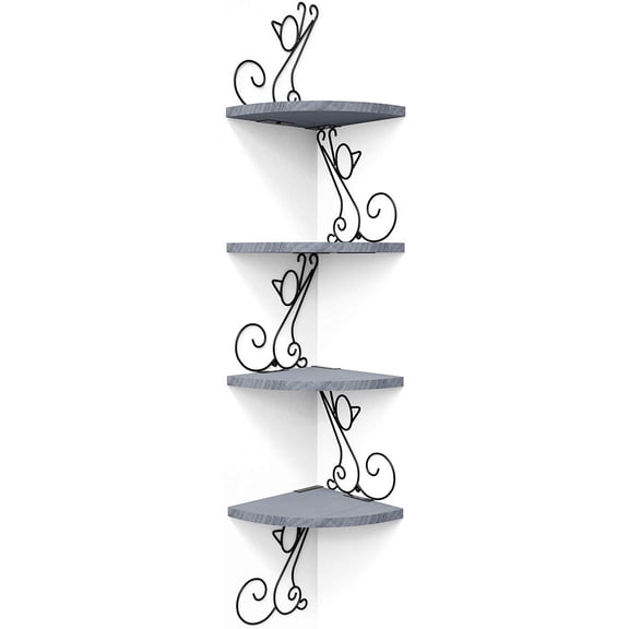 Wall Mount Corner Shelves 4 Tier Floating Corner Storage Wood Shelves Decorative Rustic Radial Shelf in Cat Shape Weathered Grey