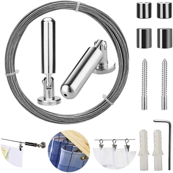 Wall Mount Curtain Wire Rod Set for Art Display - Stainless Steel Photo Hanging Wire Clothesline Wire Window Curtain Tension Wire Multi-purpose Crafts Organizer (5 Metres)