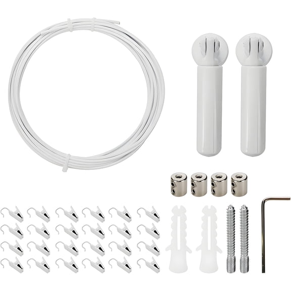 Wall Mount Curtain Wire Rod Set Multifunctional Metal Clothesline Picture Wire with 24 Clips for Crafts Clothes