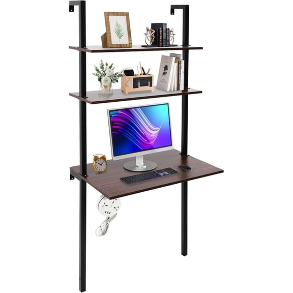 Wall Mount Desk, Shelf Desk, 72.8" Tall Ladder Desk, Computer Laptop Desk with Shelves, 2-Shelf Industrial Wall Mount Ladder Table | with Power Strip | 20" Dx30 W Desktop | Brown, Black