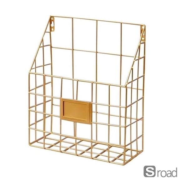 Wall Mount Or Desktop Magazine File Holder, Metal Mesh Document Organizer Rack With Handles For Office Home, Easy Install Storage Basket For Mail, Files, Books (Black/White/Gold),Gold