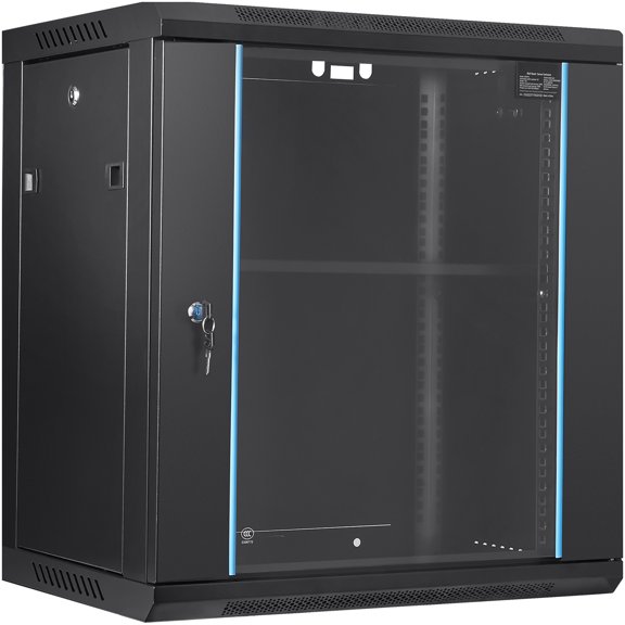 Wall Mount Display and Storage Rack for IT and A/V Equipment 15.5 Inch Depth Black Glass Door Design
