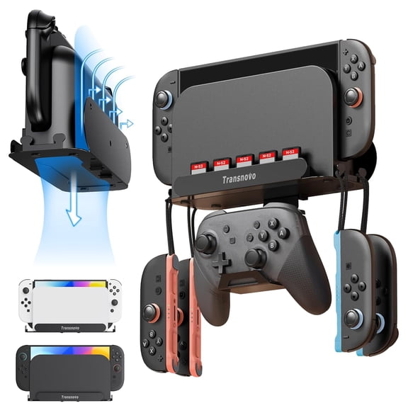 Wall Mount Dock Holder Compatible with Switch 2/OLED/Switch, Space-Saving Console Storage Near/Behind TV, Metal Bracket with Hook for Hanging Joycons/Pro Controller and 5 Game Card Slots