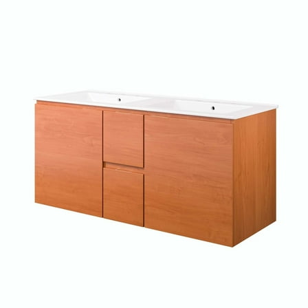 Wall Mount Double Sink Vanity Cabinet, Cherry White, Melamine Wood , Hotel Bedroom Bathroom, Modern Contemporary HB34113