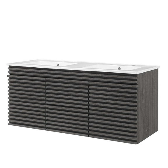 Wall Mount Double Sink Vanity Cabinet, Dark Grey Gray White, Wood, Mid Century Hotel Bedroom Bathroom, Modern Contemporary HB34078