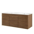 thumbnail image 1 of Wall Mount Double Sink Vanity Cabinet, Walnut White, Wood, Mid Century Hotel Bedroom Bathroom, Modern Contemporary HB34084, 1 of 11