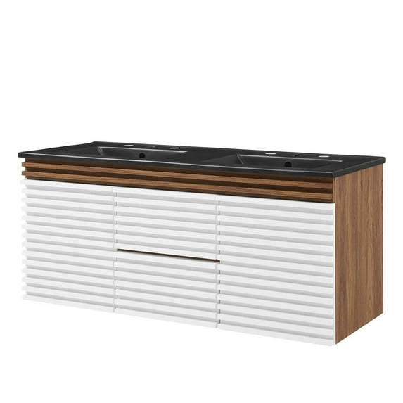 Wall Mount Double Sink Vanity Cabinet, White Walnut Black, Wood, Mid Century Hotel Bedroom Bathroom, Modern Contemporary HB34086