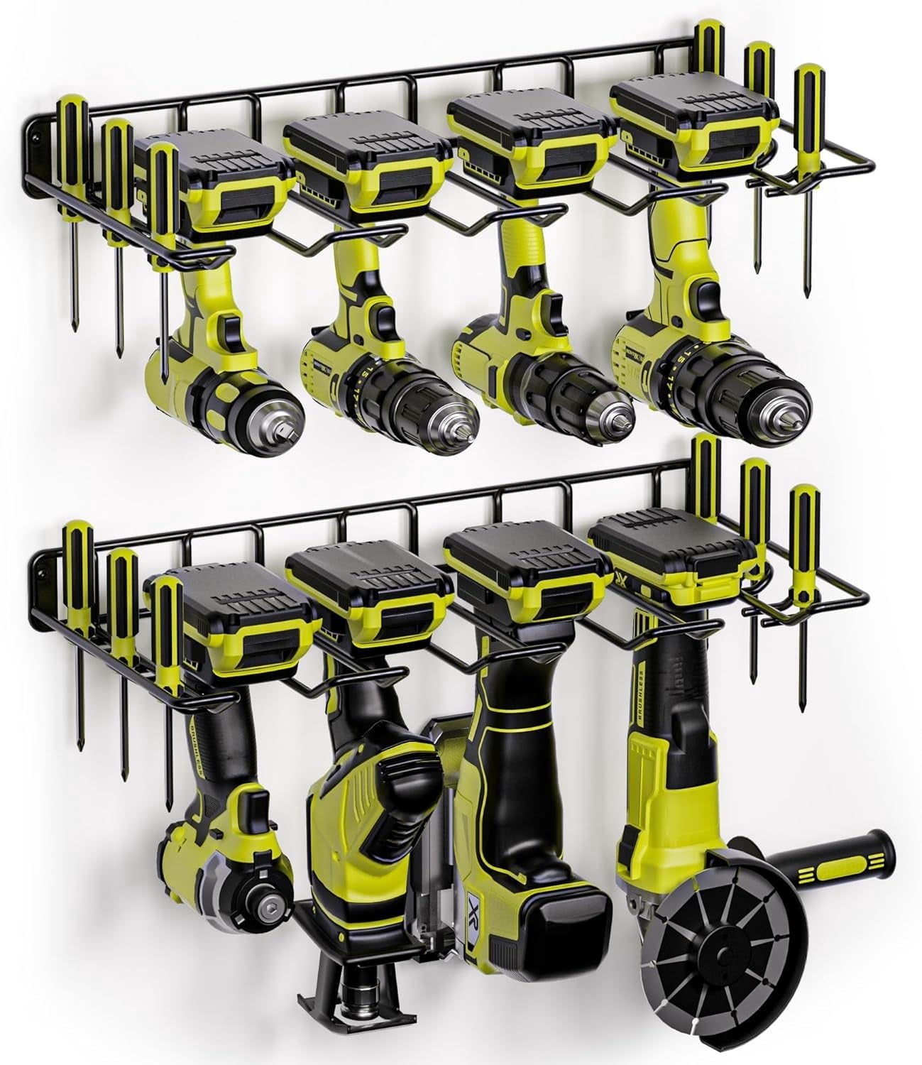 Wall Mount Drill Holder Power Tool Organizer with 2 Metal Shelves, Heavy-Duty Alloy Steel Storage Rack for Garage & Workshop, Black